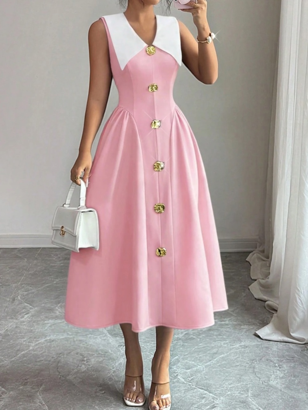 Luxe Solid Button Detail Wide Collar Flared High Waisted Dress - Picture 5 of 11